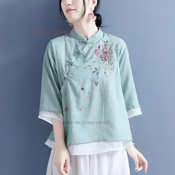2024 chineză epocă qipao bluza naționale floare broderie lenjerie de pat din bumbac bluza retro straturi duble serviciu de ceai hanfu bluza