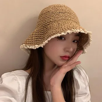 Japoneze Dantela, Palarie de Paie pentru Femei de Vară Respirabil Umbrelă de soare, Pălării de Soare Pliabila Paie Pliabila Temperament Găleată cu Capac кепка