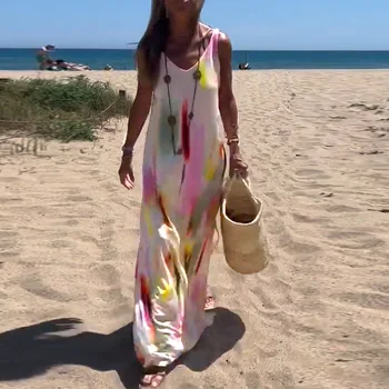 Femei de Moda Tie-dye Print Boho Rochie Lunga de Primăvară Sexy V-Neck Loose Petrecere Maxi Rochie de Vară fără Mâneci Rezervor de sex Feminin Rochie de Plaja