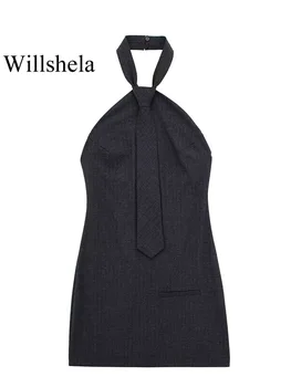 Willshela De Moda Pentru Femei Negru Cu Spatele Gol Fermoar Rochie Mini Vintage Căpăstru Fără Mâneci Gât De Sex Feminin Lady Chic Rochii