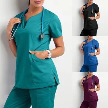 Femei Cu Maneci Scurte Scrub Topuri Solid Asistenta Uniformă V-Neck Pocket Lucrătorii De Îngrijire A T-Shirt, Blaturi Clinica Salon De Frumusețe Haine De Lucru