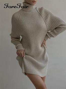 Forefair Toamna Iarna Moda Tricotate Pulover Solid Tinutele vestimentare pentru Femei, cu Maneci Lungi Gât Înalt Alb Vrac Rochii Mini Cald