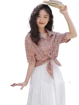 Moda Coreeană Picătură Mâneci Casual Stil Leneș Buton De Cămașă 2023 Nouă Epocă Camasa Carouri Femei Vara Vrac Strada Bluza Cardigan