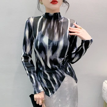 Nouă Jumătate-guler Zebra Print Bluza pentru Femei de Toamna Elegant Neregulate Tricou Femei Slim Fit Maneca Lunga Topuri Doamnelor 29045