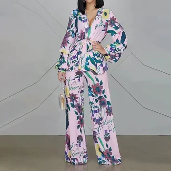 Imprimare Tricou Pantaloni Largi Picior Două Bucata Set Pentru Femei Costum De V Gât Scurt Puff Maneca De Sus Pantaloni Costum De Birou Doamnă Elegant 2023 Noi