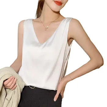 chemises femme Femei Acetat de satin veste plus dimensiunea V Gât de bază sălbatice mătase Bluze din satin alb pentru Femei Elegante, topuri Tricouri