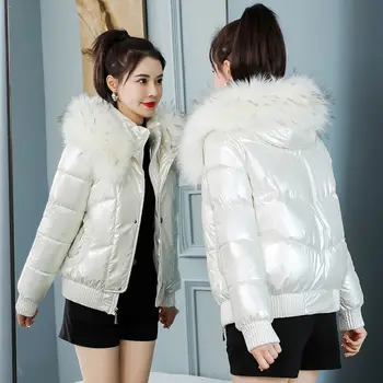2023 Jacheta de Iarna pentru Femei Scurt Căptușit Mare de Moda Guler de Blană Strat Liber Hanorac Îngroșarea Strălucitoare de Îmbrăcăminte pentru Femei