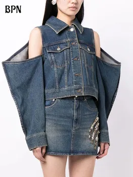 BPN Moda Solid Jachete Pentru Femei Rever Maneca Lunga de Pe Umăr Streetwear Vrac Singur Pieptul Denim Haine de sex Feminin Stil Nou