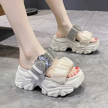 Papuci Femei Vara Sclipici Diapozitive Pantofi Pantofle Moda Nit cu Toc Noua Platforma Jeleu 2022 Apartament de Lux de Mare de Cristal PU