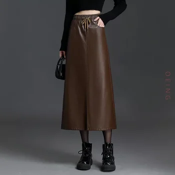 Moda de Talie Mare PU Negru din Piele Fusta Femei Toamna Iarna Chic Elegant Slim Fit Casual-linie Bodycon Fuste Lungi 4XL 6861