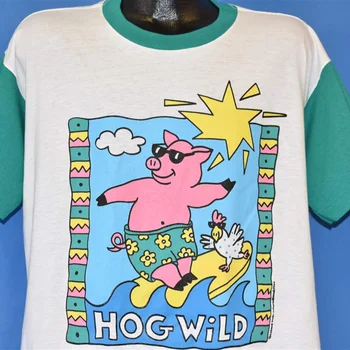 80 Hog Wild Surf Porc Desene animate Apus de soare Amuzant Negre Maneca Somn tricou Mediu