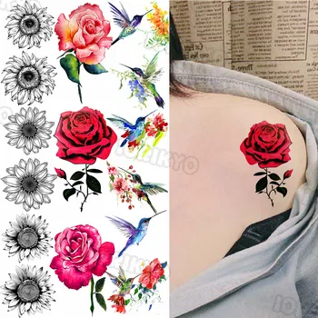Trandafir Colorat Acoperit De Tatuaje Temporare Pentru Femei Fete Realist Colibri Floarea Soarelui Autocolant Tatuaj Fals Corpul Gat Tatuaje Show