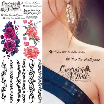 Sexy Citate Inspirate De Tatuaje Temporare Pentru Femei Fata Realiste Floare Trandafir Bujor Autocolant Tatuaj Fals Spini Transfer De Apă Tato