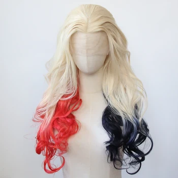 Blonda De Platină Ombre Rosu Albastru Inchis Sintetic Lace Front Lung Ondulat Peruca Dantelă În Fața Peruca Sintetica Rezistente La Căldură Fibra De Păr