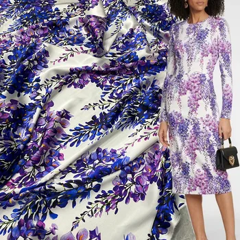 Europene Și Americane de Moda Wisteria cu Flori de Mătase Imprimate Tesatura Satin Pentru Femei Bluza Rochie Handmade, DIY Pânză de Cusut