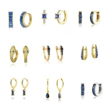 Geometrice Simple Zircon Albastru Inchis Hoop Cercei pentru Femei Uri de Aur de Argint de Culoare Piercing Mark Accesorii Bijuterii