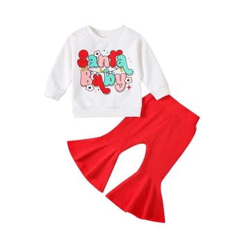 Toddler Girls 2 Bucată de Costume de Crăciun Scrisoare de Imprimare Tricou Maneca Lunga si Elastic Flare Pantaloni Set Haine Drăguț