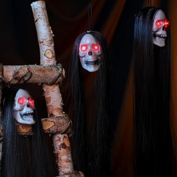Noi De Halloween Agățat Fantomă Craniu Cu Par Lung Ochi Strălucitori Teroare Craniu Fantomă Casa Scheletul Capului Elemente De Recuzită, Decor De Halloween