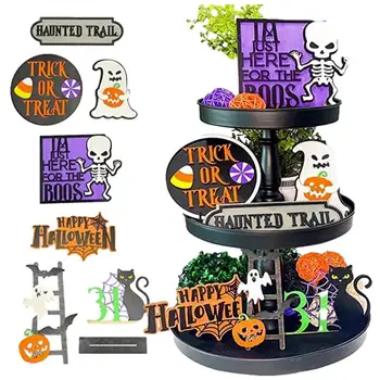 Halloween Niveluri Tava Decor 8pcs Drăguț Halloween Truc-sau-Trata Fantome, Pisici Negre Decor pentru Copii Hocus Pocus Semne de Lemn Și