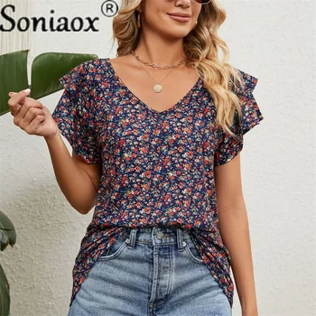 2023 Vara Dublu Ruffle Sleeve T-Shirt de sex Feminin Elegant Floare de Bumbac Imprimare Tricouri Noi pentru Femei Casual Vrac V Gât Topuri Streetwear