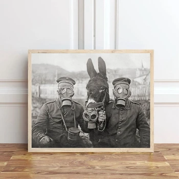 Primul Război mondial Alb-Negru Foto Printuri Un Măgar și Doi Soldați germani Antic Fotografie de Arta de Perete Panza Pictura Decor