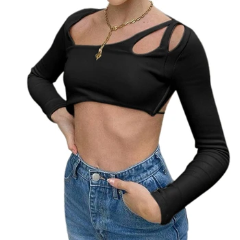 Femei Vara Slim Crop Topuri de Culoare Solidă Maneca Lunga Tubulare Scurte Mini T-shirt