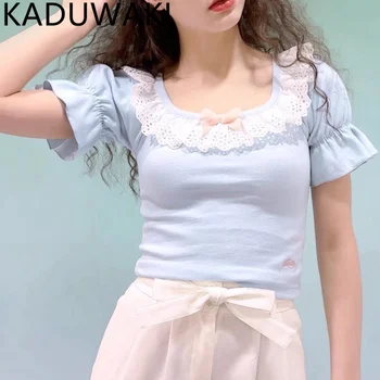 Stil Japonez Dantelă Subțire Kawaii Lolita Tricouri Femei Albastru Alb-Coreean Dulce Drăguț Bluza Feminin Puff Maneca Haine De Vară 2024