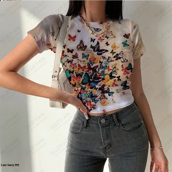 Moda de vara Femei Strânse cu Maneci Scurte T-shirt Fluture 3D Imprimate pentru Femei Maneci Scurte Casual, Sexy Personalitatea Femei Top