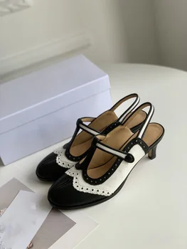 Brand Personalizat Ma* Stilet Sandale Pentru Femei Din Piele Stil Britanic De Moda De Vara Sculptate Cusaturi Cap Rotund Toc Gros Pantofi