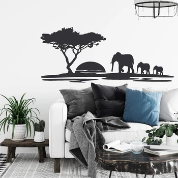 Elefanții Perete Decal Safari African Vinil Autocolant, Animale African Elephant Familie, Apus De Soare, Copac Roon Decorațiuni Murale Z392