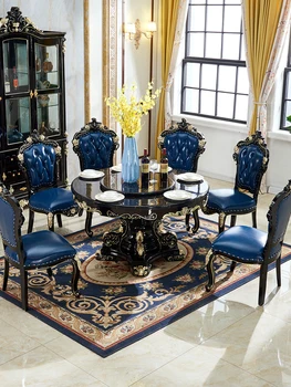 European de luat masa, lemn de santal negru marmură masă și scaun combinație, 6 persoane, 8 persoane, circular de lux