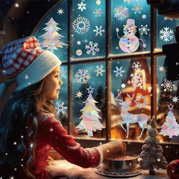 Suncatcher Crăciun Fulg De Nea Fereastra Sticker Pom De Crăciun Om De Zăpadă Cu Laser Curcubeu Perete Decal 2024 Anul Nou Camera Pentru Copii Decor Acasă