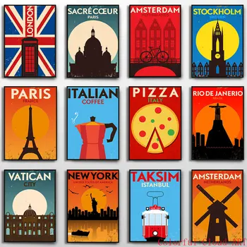 Vintage City Poster Cafea Italiană Minimalist, Amsterdam, New York, Paris Brazilia Panza Pictura Arta De Perete Poza Decor Acasă