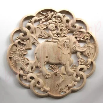 Stil Tibetan din lemn masiv sculptat decal circulară decor, elefantul și maimuța în formă, relief lemn de cauciuc floare piese