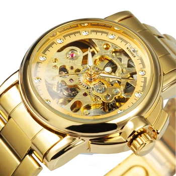 CÂȘTIGĂTORUL Elegant Iced Out Doamnelor Ceasuri de Top de Brand de Lux Gold Skeleton Automatic Mecanic Femei Ceas din Oțel Inoxidabil Curea